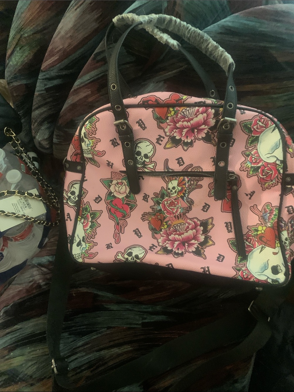 Ed Hardy Pink Floral Skull Dome Satchel with Black Trim